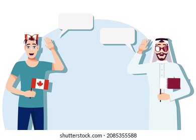 Vector illustration of people speaking the languages of Canada and Qatar. Illustration of translation, transcription and dialogue between Canada and Qatar.