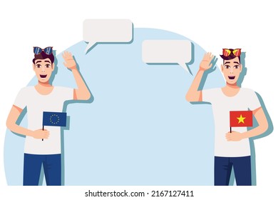 Vector illustration of people speaking the languages of the European Union and Vietnam. Illustration of translation, transcription and dialogue between the European Union and Vietnam.