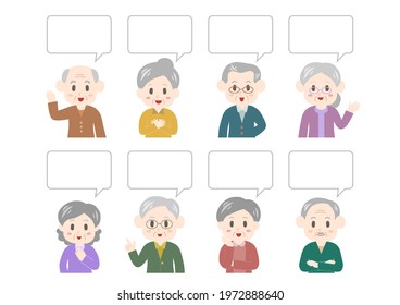 Vector illustration of people and speech balloon. Elderly men, elderly women. 