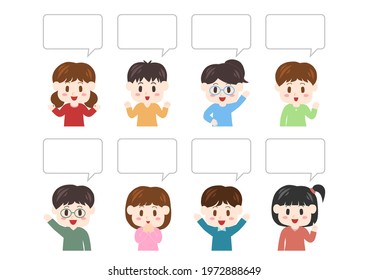 Vector illustration of people and speech balloon. Children, boys, girls. 