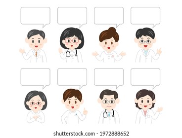 Vector illustration of people and speech balloon. Health care workers, doctor, nurse, caregiver. 