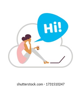 Ilustración vectorial de personas con burbujas de voz en estilo minimalista. Burbujas de saludos. Usada para web, redes sociales, aplicaciones para usuarios. 