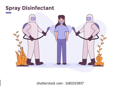 vector illustration people spraying disinfectant to prevent coronavirus covid 19 novel 2019-ncov in public place airports, station, people traveling from other country, hospital web site blog banner. 