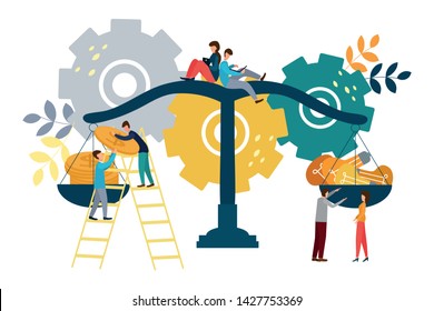 Vector illustration. People spreading money and ideas on scales, business concept