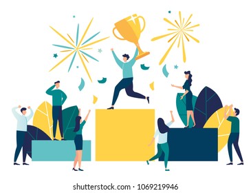 Vector Illustration. People Stand On The Podium First, Second And Third Place. Best Score Winner Prize Vector