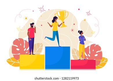 vector illustration. people stand on the podium first, second and third place. best score winner prize