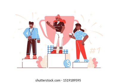 vector illustration. people stand on the podium first, second and third place. best score winner prize. business success, leadership, awards, career, successful projects, goal, winning plan. flat 