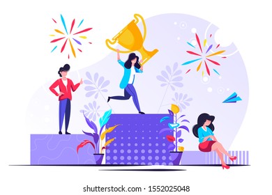 Vector Illustration. People Stand On The Podium First, Second And Third Place. Best Score Winner Prize