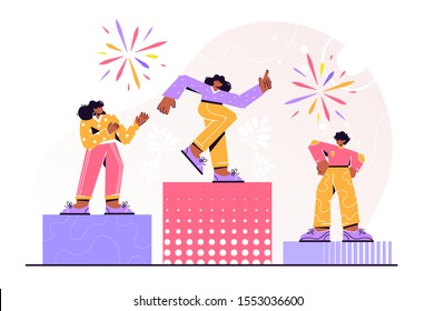 vector illustration. people stand on the podium first, second and third place. best score winner prize