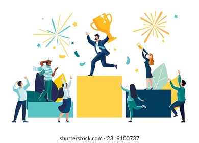 Vector illustration. People stand on the podium first, second and third place. The best result is the winner, a prize. Sports, teamwork. Businessman with golden victory cup. Financial success, poster