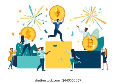 Vector illustration. People stand on the podium first, second and third places, dollar, ethereum, bitcoin. Financial exchange, growth. Winners with golden victory coins. Leadership, Ethnic, African