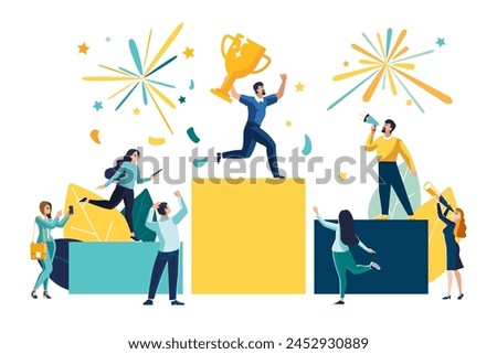 Vector illustration. People stand on the podium first, second and third place. The best result is the winner, a prize. Sports, teamwork. Businessman with golden victory cup. Financial success, poster