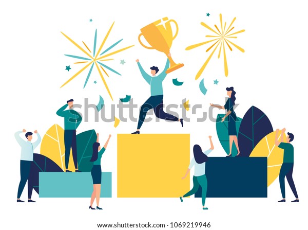 vector\
illustration. people stand on the podium first, second and third\
place. best score winner prize\
vector