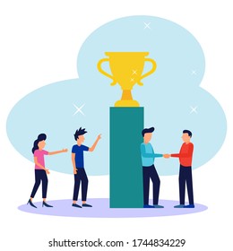 Vector illustration. people stand under the podium where the trophy is above it. best prize winning prize.