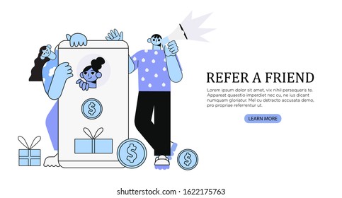 Vector illustration of people standing near smartphone and shouting in loud speaker. Refer a friend, refer and earn, win a prize concept for social media baners, advertising, web design, flyers.
