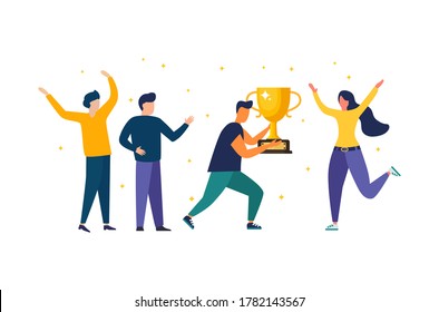 Vector Illustration Of People Standing On The Podium. The Award Ceremony, The Prize For The Best Ball. The Concept Of Teamwork. And Achieving Goals And Rewards Business Results