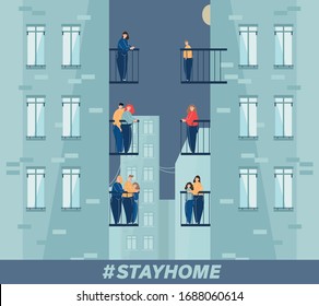 Vector Illustration. People stay at home to reduce risk of infection.