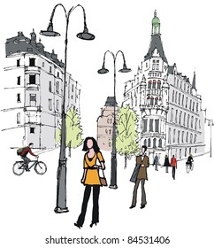 Vector illustration of people in Stockholm city street.