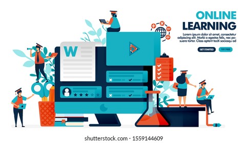 Vector illustration of people study with online learning technology on monitor screen. teaching webinars with videos and exam. teacher or tutor rating. Design for landing page, web, banner, template