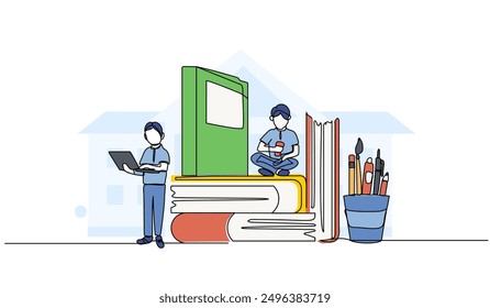 Vektorgrafik der People-Studie in einer öffentlichen Bibliothek. Moderne Wohnung im durchgehenden Linienstil.