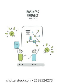 Vector illustration of people studying business issues for launching projects. Business concepts of analytics, planning, marketing research, work communication, goal settings. 