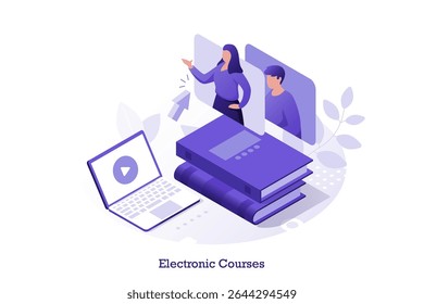 Vector illustration with people studying online with video lectures on laptop and books, electronic course concept. Concept for website or advertisement