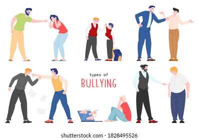 Vector illustration of people suffering from bullying. Flat cartoon characters victims being bullied, body shaming, violence at work, school, home and cyber. Discrimination and intimidation of weak.