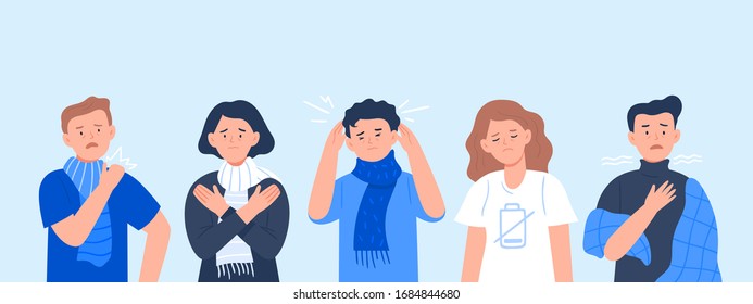 Vector illustration of people suffering from various symptoms of the common cold and flu. Characters with symptoms; headache, chills, muscle aches, tiredness, and cough.