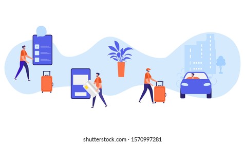 Vector illustration People with suitcase ordering taxi service in application on phone, white background Mobile city transportation Professional in driving car Cab business Design for websites, print