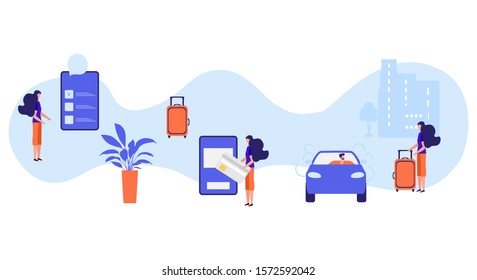 Vector illustration People with suitcase ordering taxi service in application on phone, white background Mobile city transportation Professional in driving car Cab business Design for websites, print
