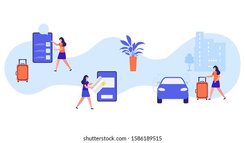Vector illustration People with suitcase ordering taxi service in application on phone, white background Mobile city transportation Professional in driving car Cab business Design for websites, print
