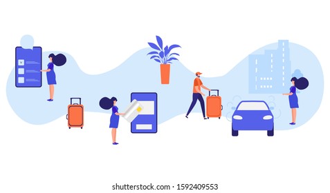 Vector illustration People with suitcase ordering taxi service in application on phone, white background Mobile city transportation Professional in driving car Cab business Design for websites, print