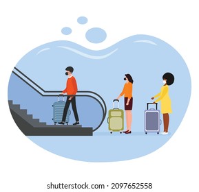 Vector illustration People with suitcases Escalator Vacation Tourist Travel lifestyle Business trip Airport Moving staircase Summer time Holiday. Concept for travel agency, booking service