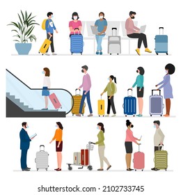 Vector illustration People with suitcases Escalator Vacation Tourist Travel lifestyle Business trip Airport Moving staircase Summer time Holiday. Covid-19 Concept for travel agency, booking service