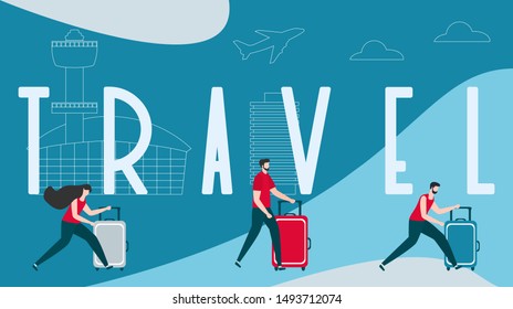 Vector illustration. People with suitcases traveling on vacation, travel inscription. Design for web page, presentation, print.