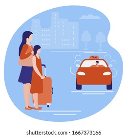 Vector illustration People with suitcases traveling on vacation waiting taxi. Travel Summer time, holiday Taxi service Cab business Mobile city transportation. Design for web page, presentation, print