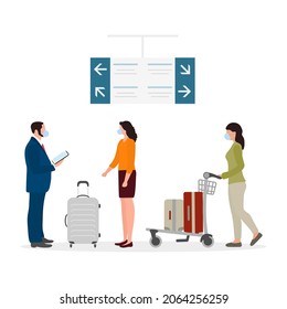 Vector illustration People with suitcases Vacation Tourist Travel lifestyle Business trip Airport Luggage trolley Baggage Summer time Holiday. Concept for travel agency, booking service