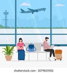 Vector illustration People with suitcases waiting for departure  Vacation Tourist Travel lifestyle Business trip Plane Airport Luggage Baggage Summer time Holiday Concept Travel agency Booking service