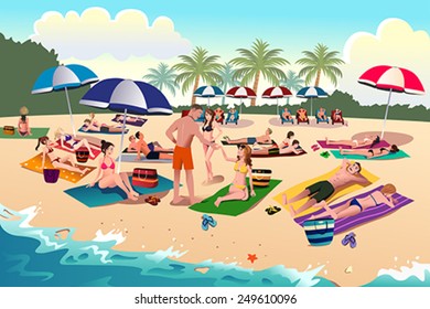 A Vector Illustration Of People Sunbathing On The Beach