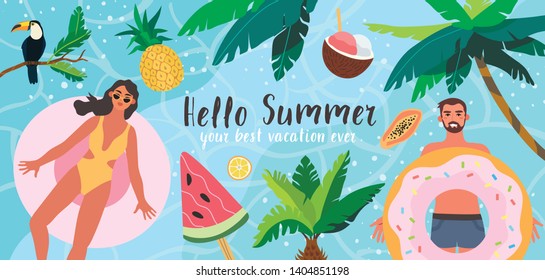 Vector illustration of people sunbathing and swimming in the sea or ocean. Sea vacation on a troical island in an exotic place. Summer banner, flyer landing page for a tour operator or travel agency.