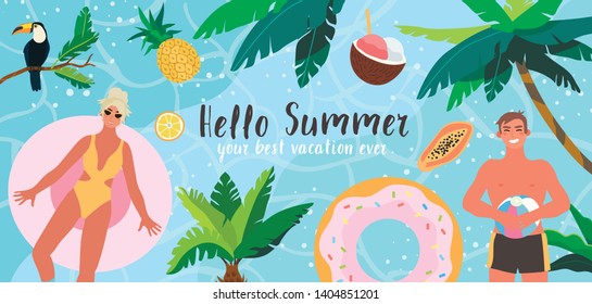 Vector illustration of people sunbathing and swimming in the sea or ocean. Sea vacation on a troical island in an exotic place. Summer banner, flyer landing page for a tour operator or travel agency.