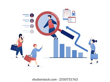 Ilustración vectorial de Personas que se apoyan entre sí al recomendar a amigos y seres queridos para lograr objetivos financieros y profesionales, fomentando una red sólida para el éxito y el crecimiento