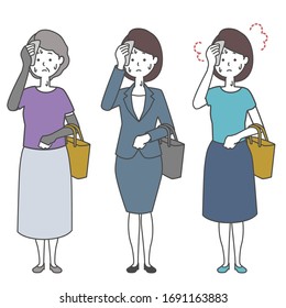 Vector illustration of people sweating in the heat (elderly women, female employees, women in plain clothes)