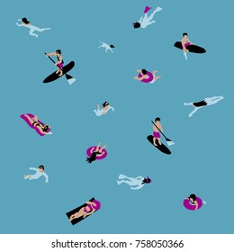 Vector Illustration of people swimming in sea. Background / texture. Characters set. - Shutterstock ID 758050366