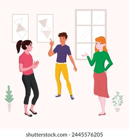VEKTORILLUSTRATION. MENSCHEN, DIE IM HAUS REDEN UND STREITEN. FREUNDSCHAFT UND KOMMUNIKATION