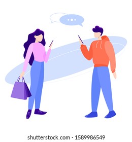 Vector illustration of people talking on the phone. People with laptope and smartphone. Using network for posting and sharing content.