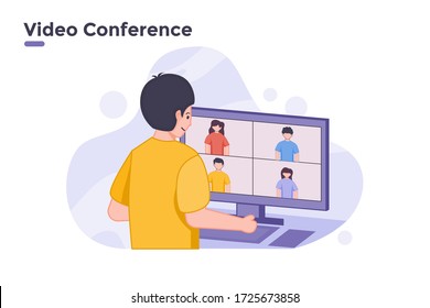 vector illustration people talking in online video conference or meeting live streaming with computer monitor screen displays in business group chat. working from home banner poster.