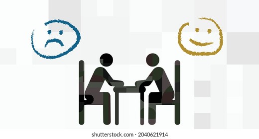 vector illustration of people talking at table and mood changing symbols 