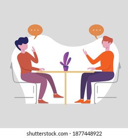 Vector illustration. people are talking while sitting. modern flat people character. Ideal for motion, graphic and web design projects
