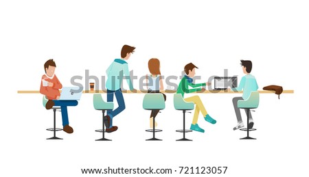 vector illustration of people talking and working at coworking center, office, cafe. 